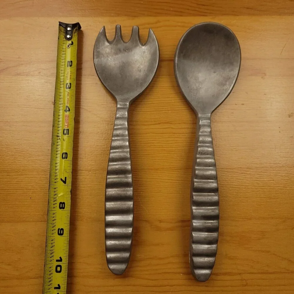 Vintage Cast Aluminum Salad Serving Set Spoon Fork 90s Modern‎ 10.5 In